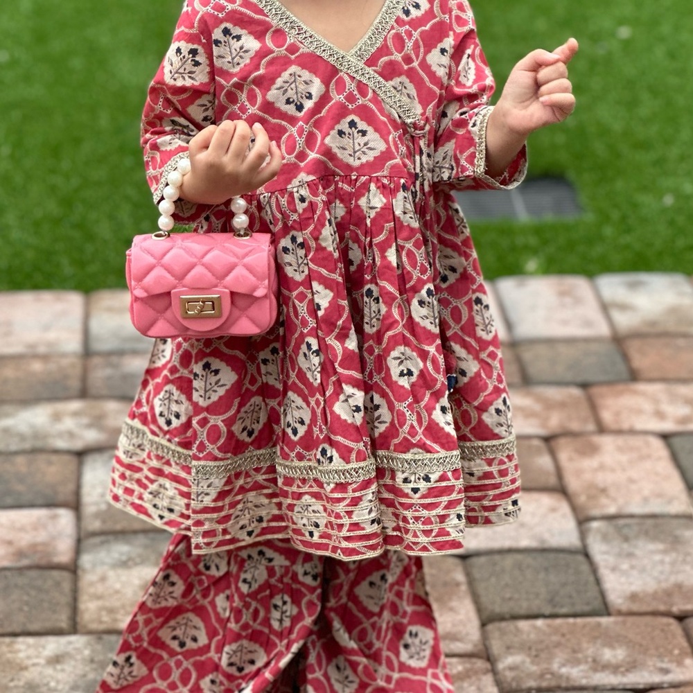 Girls Pink Patterned Long Sleeve Dress